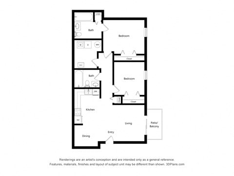 Floor plan for 2 beds, 2 baths, 892 sqft